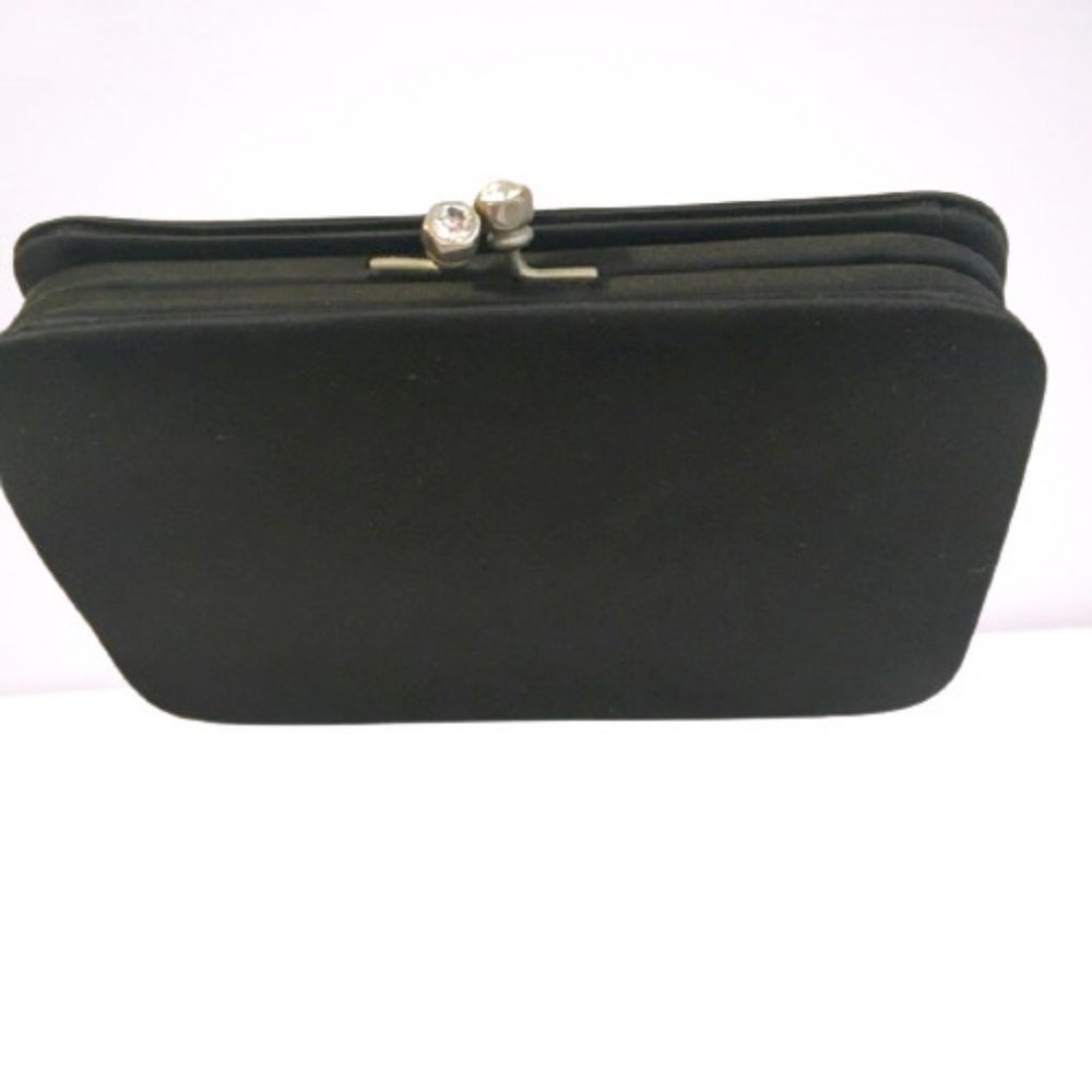 Evening Clutch Black Satin Hinged Rhinestone Kisslock